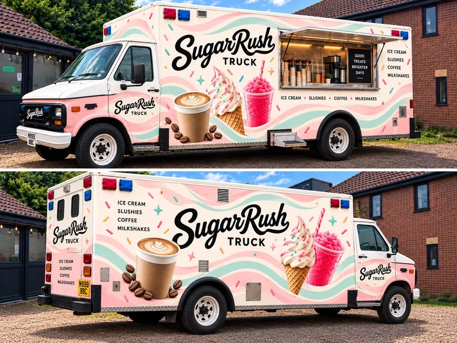 Concept render of the Sugar Rush Truck from the nearside and offside