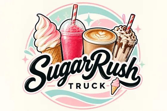 Sugar Rush Truck illustrated badge with soft serve, slushie, latte and milkshake